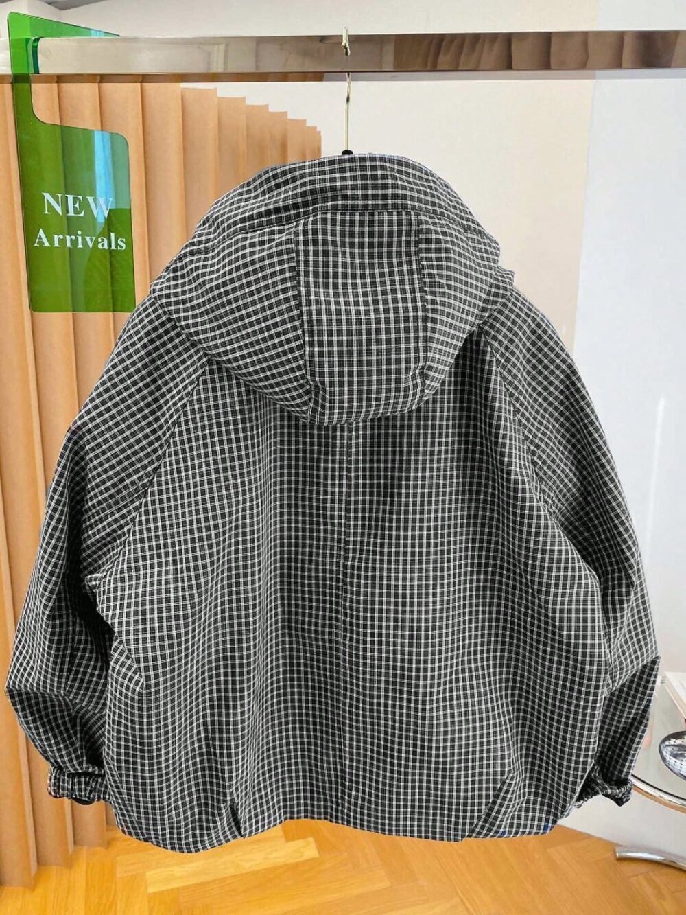 Black And White Casual Women's Grid Plaid Hooded Jacket - Picture 2 of 4